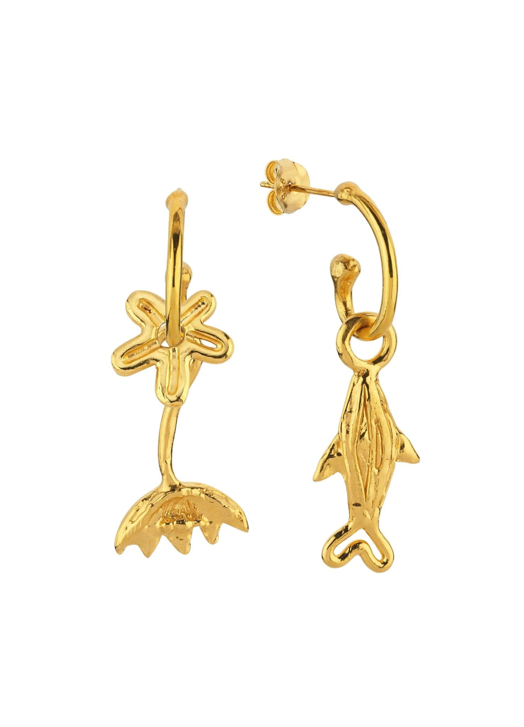 Altın Kaplama Gümüş Küpe Seti - Ters Lale, Küçük Çiçek ve Küçük Balık